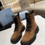 PRADA Monolith Suede Combat Boots 驼色麂皮厚底三角标侧拉链马丁靴