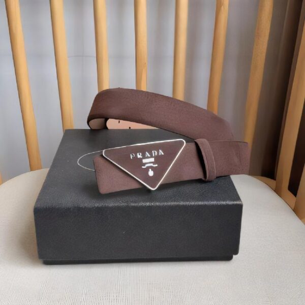 Prada 帆布三角形徽标腰带  红棕色白边