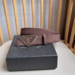 Prada 帆布三角形徽标腰带  红棕色金边