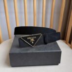 Prada 帆布三角形徽标腰带  黑色金边
