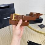 SAINT LAURENT（圣罗兰）褐色粒面皮革方形针扣腰带  （金扣） - Imagem 3