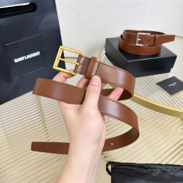 SAINT LAURENT（圣罗兰）褐色粒面皮革方形针扣腰带  （金扣）