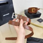 SAINT LAURENT（圣罗兰）褐色粒面皮革方形针扣腰带  （银扣）