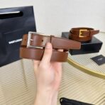 SAINT LAURENT（圣罗兰）褐色粒面皮革方形针扣腰带  （银扣） - Imagem 2