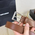 SAINT LAURENT（圣罗兰）褐色粒面皮革方形针扣腰带  （银扣） - Imagem 3