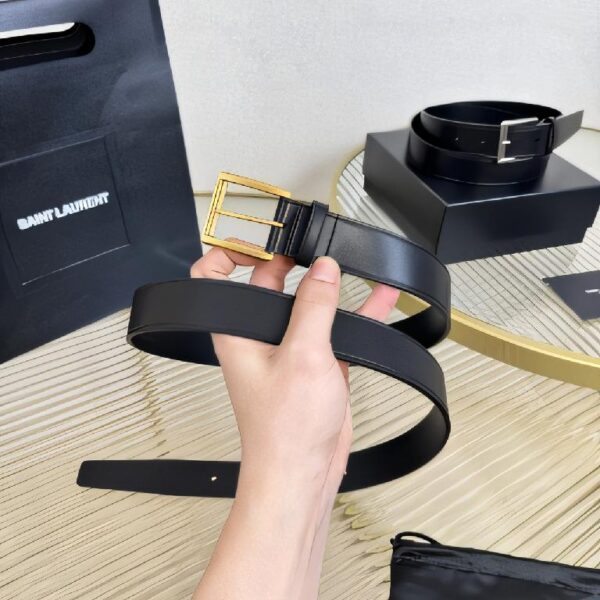 SAINT LAURENT（圣罗兰）黑色粒面皮革方形针扣腰带  （金扣）