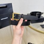 SAINT LAURENT（圣罗兰）黑色粒面皮革方形针扣腰带  （金扣） - 图片 2