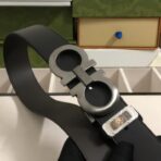 Salvatore Ferragamo（菲拉格慕）双面小牛皮拉丝枪色 Gancini 扣腰带 - 图片 3