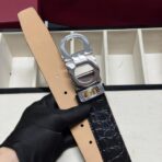 Salvatore Ferragamo（菲拉格慕）黑色鳄鱼纹印花小牛皮双面腰带 银色 Gancini 扣皮带 - 图片 4