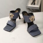Versace Medusa Cross-Strap High-Heel Mules（范思哲美杜莎交叉带高跟穆勒鞋）蓝黑条纹拼色