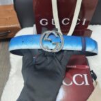 古驰（Gucci）Chroma 系列渐变蓝色 GG Monogram 涂层织物钯金色双 G 扣腰带 - Imagem 2