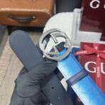 古驰（Gucci）Chroma 系列渐变蓝色 GG Monogram 涂层织物钯金色双 G 扣腰带 - Imagem 4