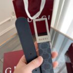 古驰（Gucci）Signature 系列灰色 GG Supreme 帆布银色矩形扣腰带 - Imagem 4