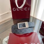 古驰（Gucci）Signature 系列灰色 GG Supreme 帆布银色矩形扣腰带