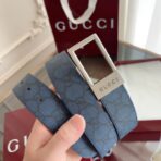 古驰（Gucci）Signature 系列蓝色 GG Supreme 帆布银色矩形扣腰带 - Imagem 2