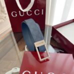 古驰（Gucci）Signature 系列蓝色 GG Supreme 帆布银色矩形扣腰带