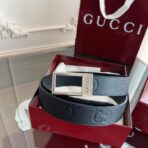 古驰（Gucci）黑色压纹小牛皮双 G 压花银色板扣男士腰带