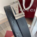 古驰（Gucci）黑色压纹小牛皮双 G 压花银色板扣男士腰带 - Image 2