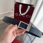 古驰（Gucci）黑色压纹小牛皮双 G 压花银色板扣男士腰带 - Image 3