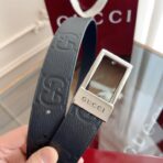 古驰（Gucci）黑色压纹小牛皮双 G 压花银色板扣男士腰带 - Image 4