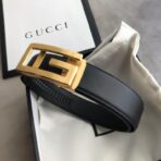 古驰（Gucci）黑色小牛皮银色双 G 金色扳扣男士腰带 - Image 2