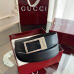 古驰（Gucci）黑色小牛皮银色金属板扣男士腰带