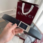 古驰（Gucci）黑色小牛皮银色金属板扣男士腰带 - Image 3