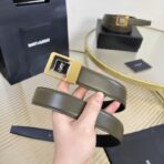 圣罗兰（Saint Laurent）YSL 标识系列橄榄绿色牛皮金色方形 YSL 扣腰带