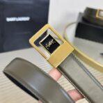圣罗兰（Saint Laurent）YSL 标识系列橄榄绿色牛皮金色方形 YSL 扣腰带 - Imagem 2