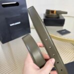 圣罗兰（Saint Laurent）YSL 标识系列橄榄绿色牛皮金色方形 YSL 扣腰带 - Imagem 3