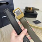 圣罗兰（Saint Laurent）YSL 标识系列橄榄绿色牛皮银色方形 YSL 扣腰带 - Imagem 3