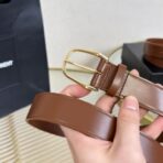 圣罗兰（Saint Laurent）褐色小牛皮金色板扣男士腰带 - Imagem 3