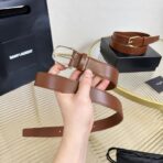 圣罗兰（Saint Laurent）褐色小牛皮银色板扣男士腰带