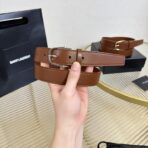 圣罗兰（Saint Laurent）褐色小牛皮银色板扣男士腰带 - Imagem 4