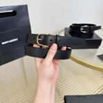 圣罗兰（Saint Laurent）黑色小牛皮金色板扣男士腰带 - Imagem 3