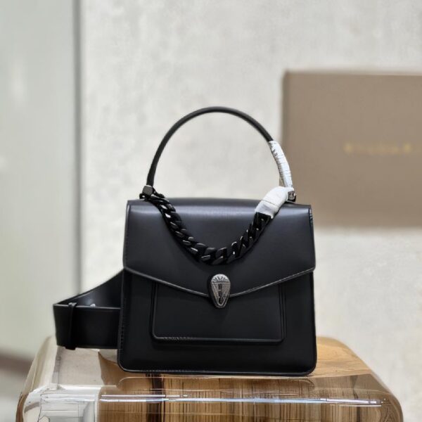 宝格丽 Serpenti East-West Maxi Chain 黑色都会小牛皮手提单肩包