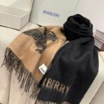 巴宝莉(Burberry) 双面双色提花羊绒围巾 黑杏拼色 - 图片 4