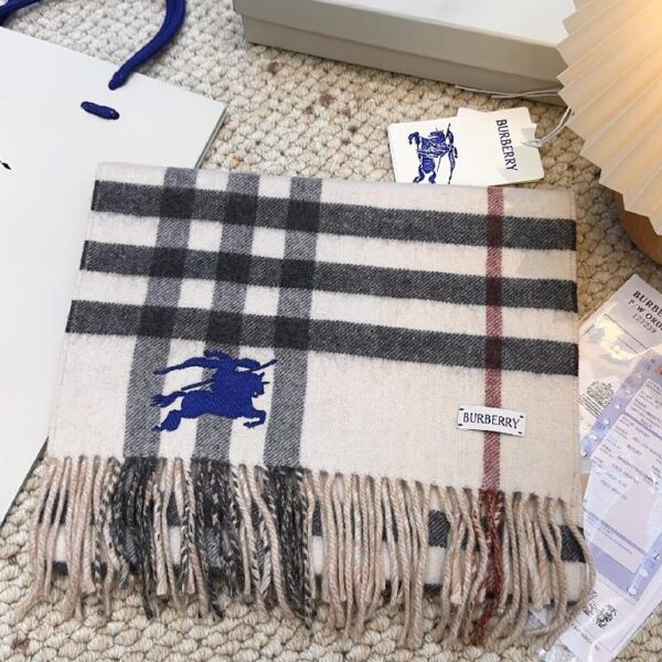 巴宝莉(Burberry)双面刺绣 印花 提花羊绒格子围巾 白棕拼色