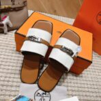 爱马仕 Empire 系列 Kelly 扣拼布穆勒拖鞋 白棕配色 - Imagem 3