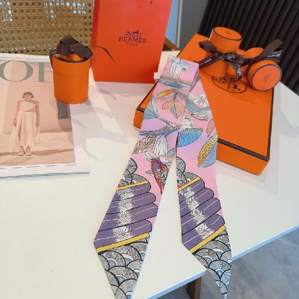 爱马仕Hermes树之歌小丝巾 飘带 粉紫撞色