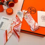 爱马仕Twilly 顶级斜纹真丝飘带 白橙撞色 - Image 2