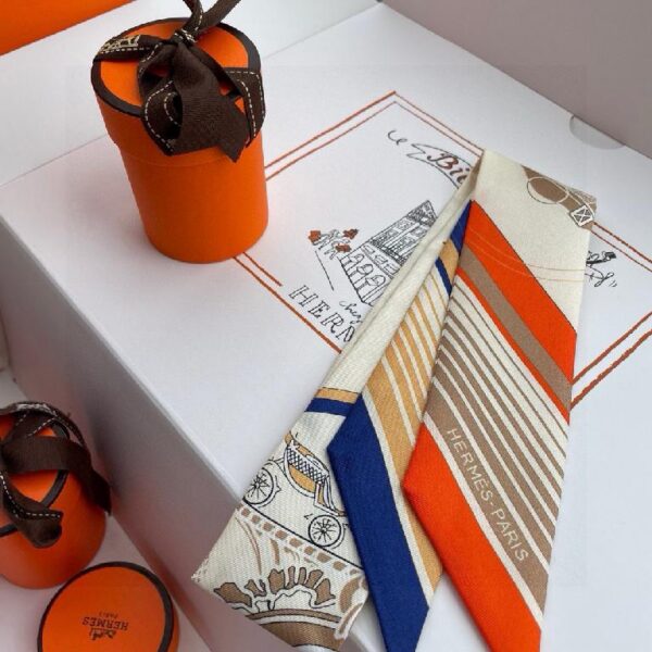 爱马仕Twilly“藏书章”小丝巾 橙蓝撞色