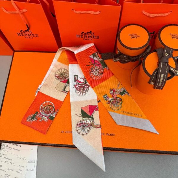 爱马仕【马车接龙】Twilly小丝巾 橙黄撞色