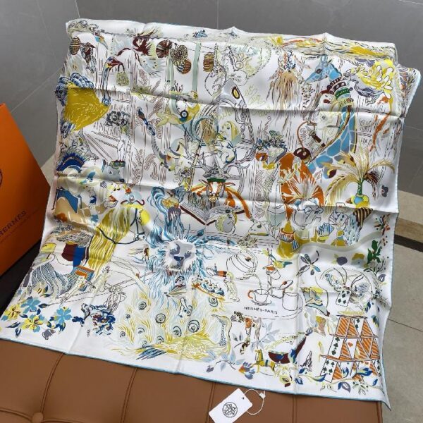 爱马仕双面丝印 斜纹真丝方巾 白色款