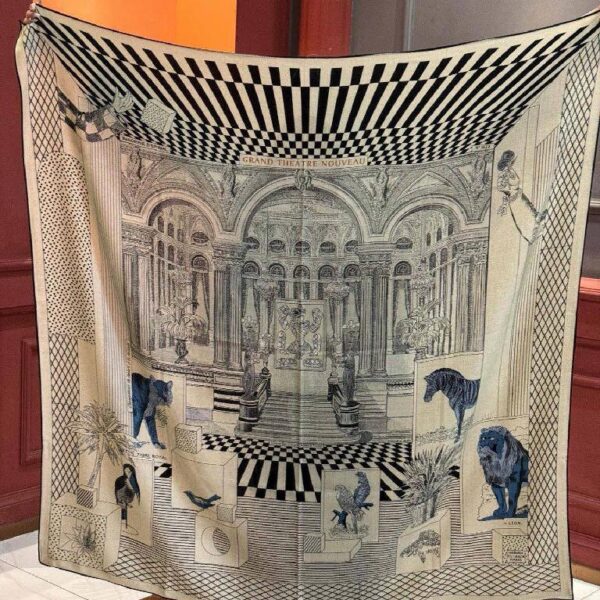 爱马仕双面同色大剧院围巾 黑灰蓝多色撞色