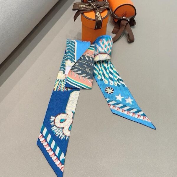 爱马仕斜纹真丝束发带 天蓝深蓝拼接