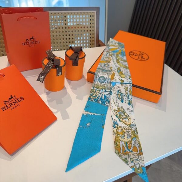 爱马仕斜纹真丝束发带 天蓝色