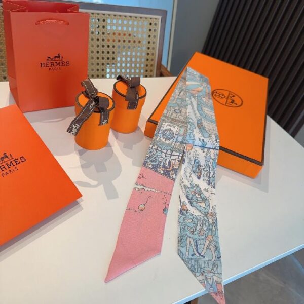 爱马仕斜纹真丝束发带 蓝粉撞色