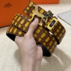 爱马仕（Hermès）定制款马术主题马形扣黄棕色鳄鱼纹皮革腰带 - Imagem 2