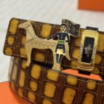 爱马仕（Hermès）定制款马术主题马形扣黄棕色鳄鱼纹皮革腰带 - Imagem 4